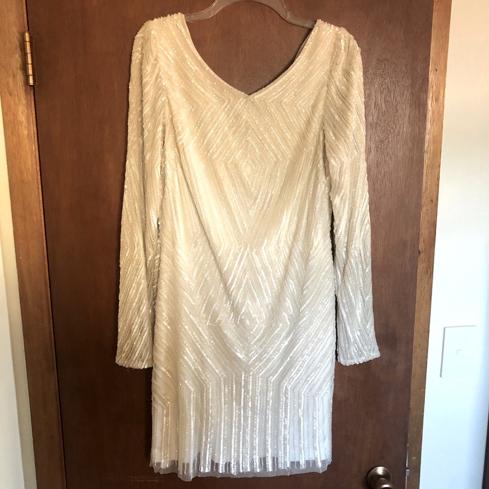 David’s Bridal Long Sleeved Sequin Beaded Mini Dress